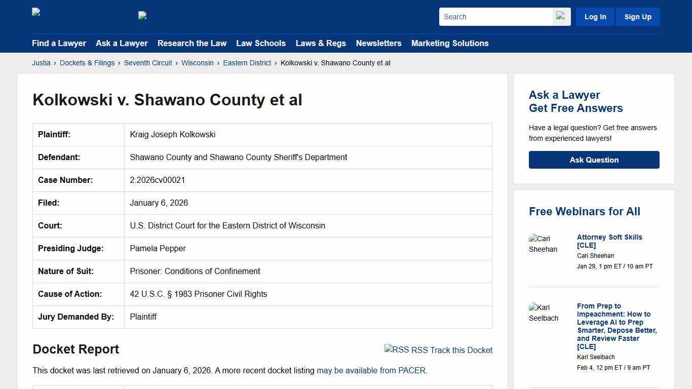 Kolkowski v. Shawano County et al 2:2026cv00021 U.S. District Court for the Eastern District of Wisconsin Justia