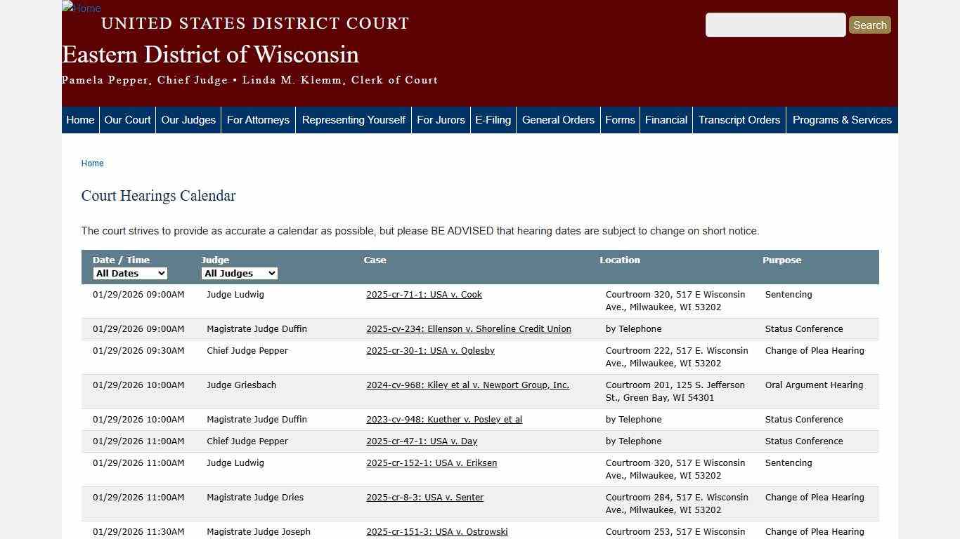 Court Hearings Calendar Eastern District of Wisconsin United States District Court